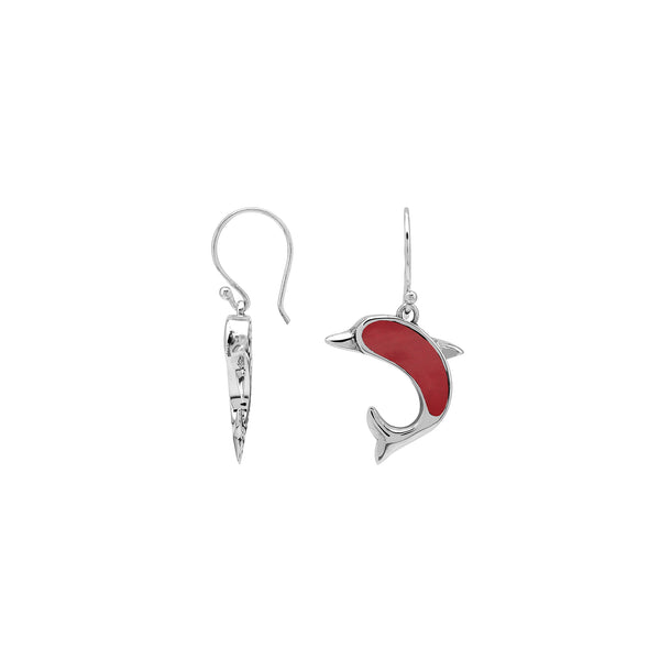 AE-6354-CR Sterling Silver Dolphin Shape Earring With Coral