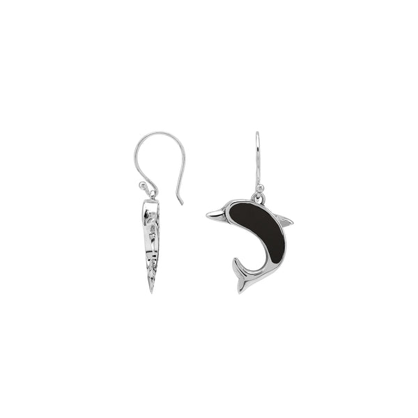 AE-6354-SHB Sterling Silver Dolphin Shape Earring With Black Shell