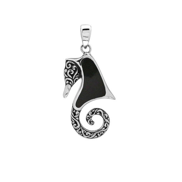 AP-1182-SHB Sterling Silver Pendant with Black Shell Seahorse