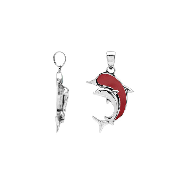 AP-6354-CR Sterling Silver Dolphin Shape Pendant With Coral