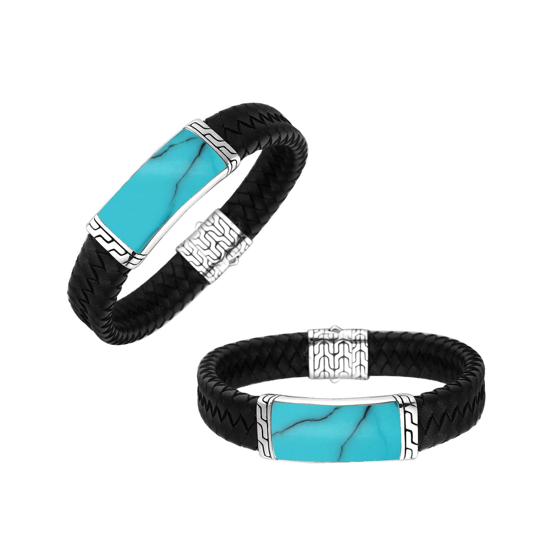 AB-1135-LT-BLK-TQ-7.5" Sterling Silver Bracelet With Black Leather & Turquoise Shell Jewelry Bali Designs Inc 