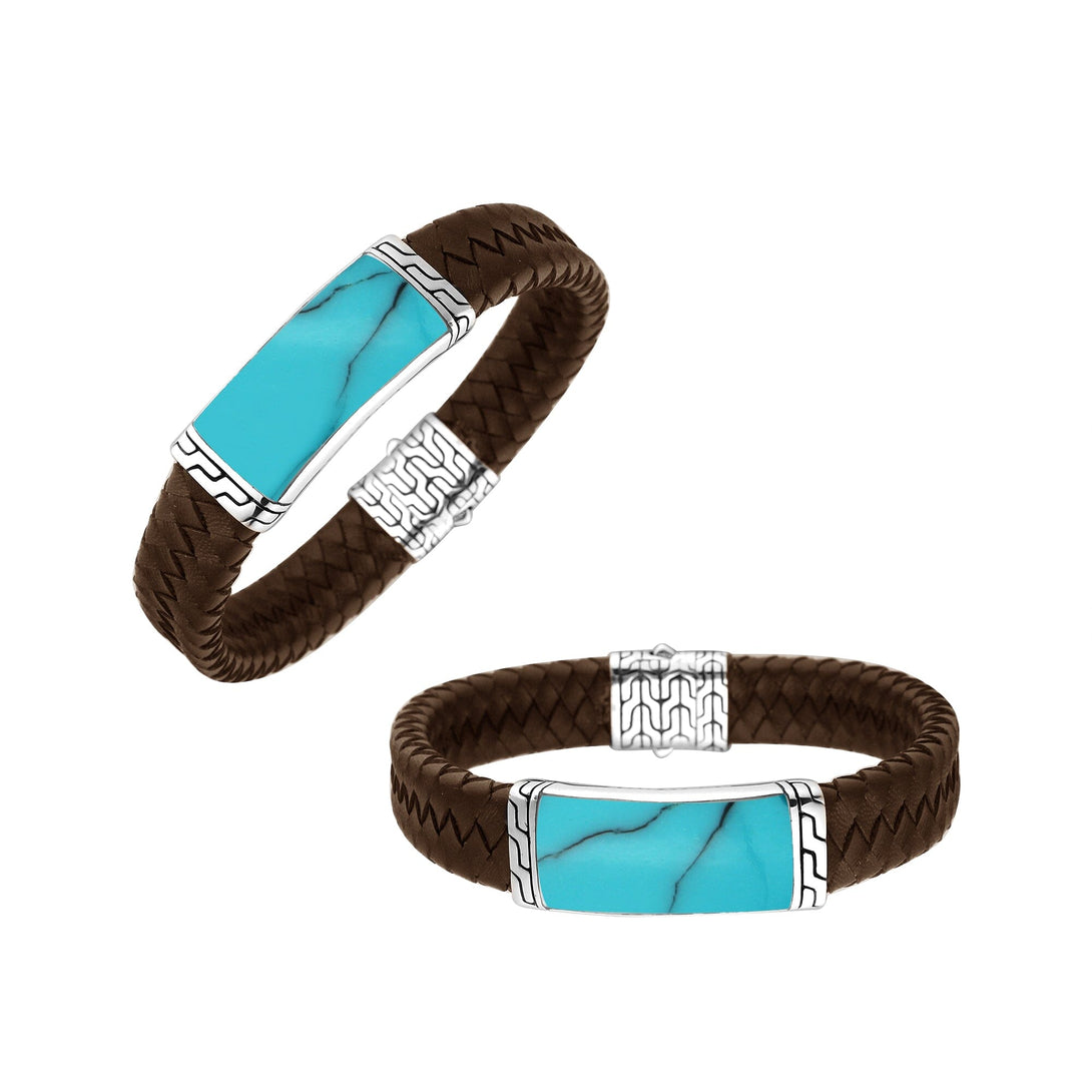 AB-1135-LT-BRW-TQ-7.5" Sterling Silver Bracelet With Brown Leather & Turquoise Shell Jewelry Bali Designs Inc 