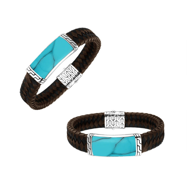 AB-1135-LT-MIXS-TQ-7.5" Sterling Silver Bracelet With Leather & Turquoise Shell Jewelry Bali Designs Inc 