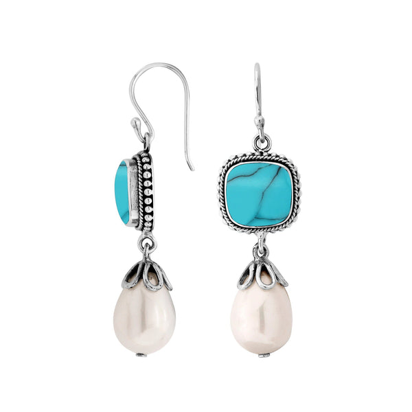 AE-1136-TQ Sterling Silver Earring With Turquoise Shell & Pearl Jewelry Bali Designs Inc 