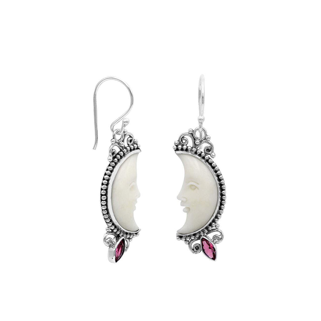 AE-1185-RB Sterling Silver Half Moon Shape Earring With Bone Face and Ruby Jewelry Bali Designs Inc 