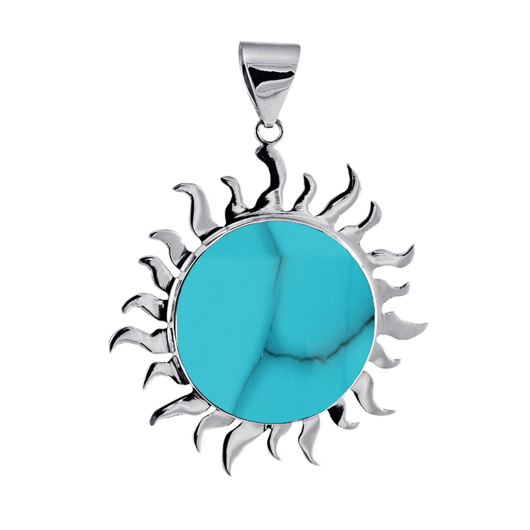 AP-1009-TQ Sterling Silver divine sparkling Sun Pendant With Round Shape Turquoise Shell Jewelry Bali Designs Inc 