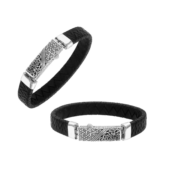 AB-1174-LT-BLK-7" Sterling Silver Bracelet With Black Leather Jewelry Bali Designs Inc 