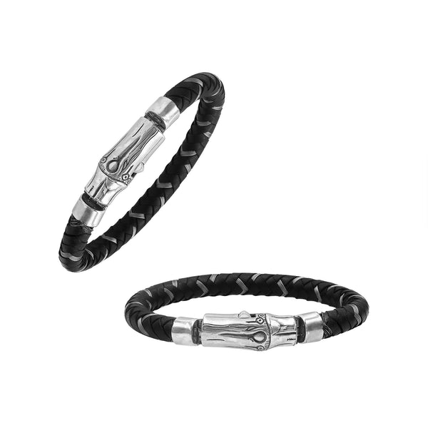 AB-1175-LT-7" Sterling Silver Bracelet With Black Leather Jewelry Bali Designs Inc 