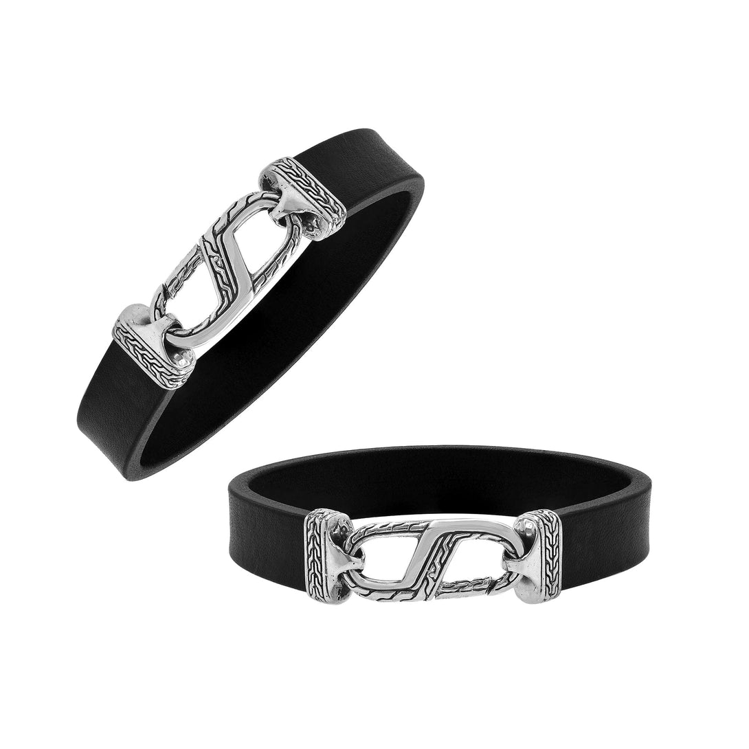 AB-1191-LT-BLK-7" Sterling Silver Bracelet With Black Leather Jewelry Bali Designs Inc 