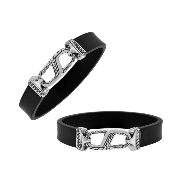 AB-1191-LT-BLK-7" Sterling Silver Bracelet With Black Leather Jewelry Bali Designs Inc 