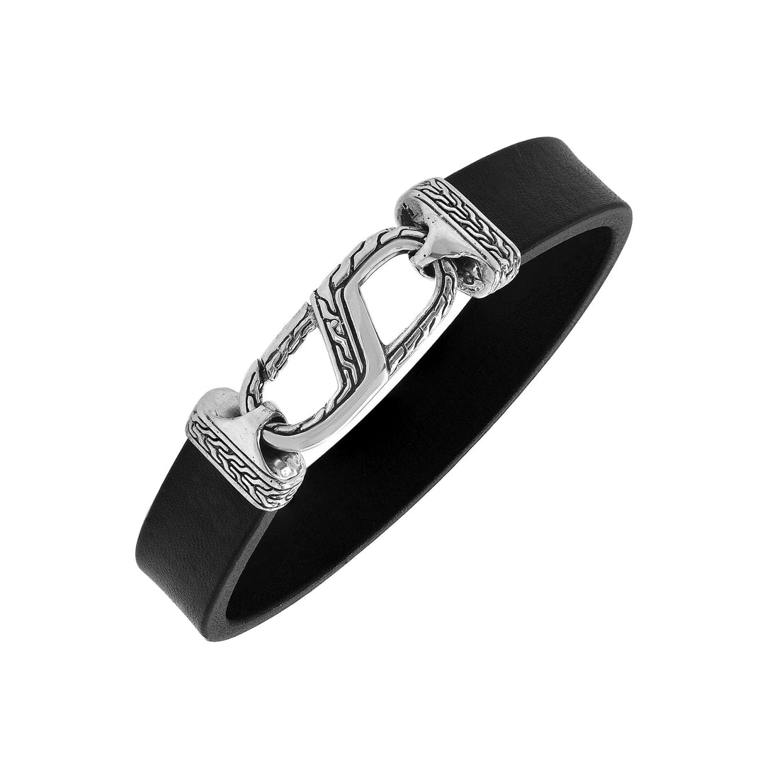 AB-1191-LT-BLK-7" Sterling Silver Bracelet With Black Leather Jewelry Bali Designs Inc 