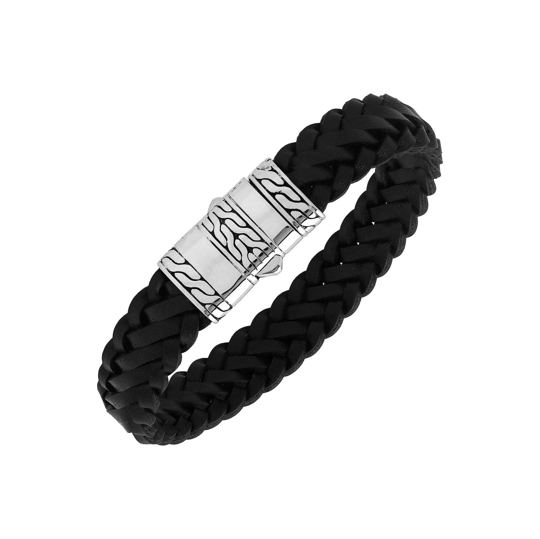 AB-1193-LT-BLK-7.5" Sterling Silver Bracelet With Black Leather Jewelry Bali Designs Inc 