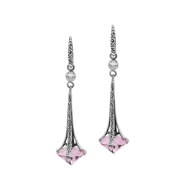 AE-1175-PQ Sterling Silver Elegant Dangle Earrings With Pink Quartz Jewelry Bali Designs Inc 