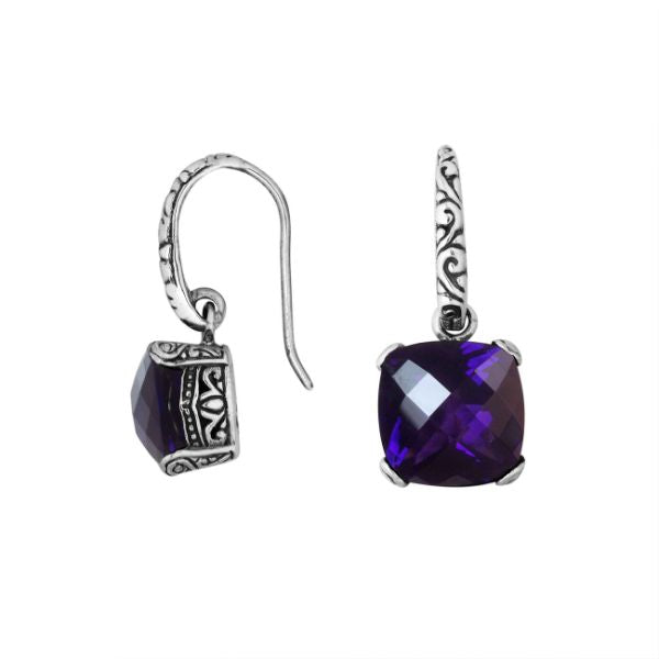 AE-6161-AM Sterling Silver Earring With Amethyst Q. Cushion Chekerboard Jewelry Bali Designs Inc 