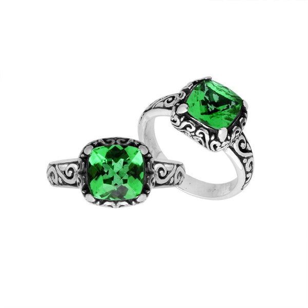 AR-6182-GQ-6" Sterling Silver Cushion Shape Ring With Green Quartz Jewelry Bali Designs Inc 