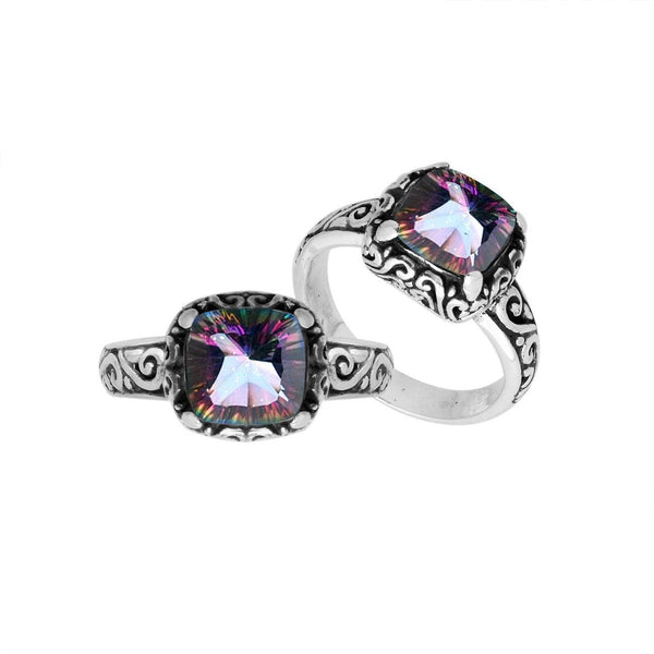 AR-6182-MT-6" Sterling Silver Cushion Shape Ring With Mystic Quartz Jewelry Bali Designs Inc 