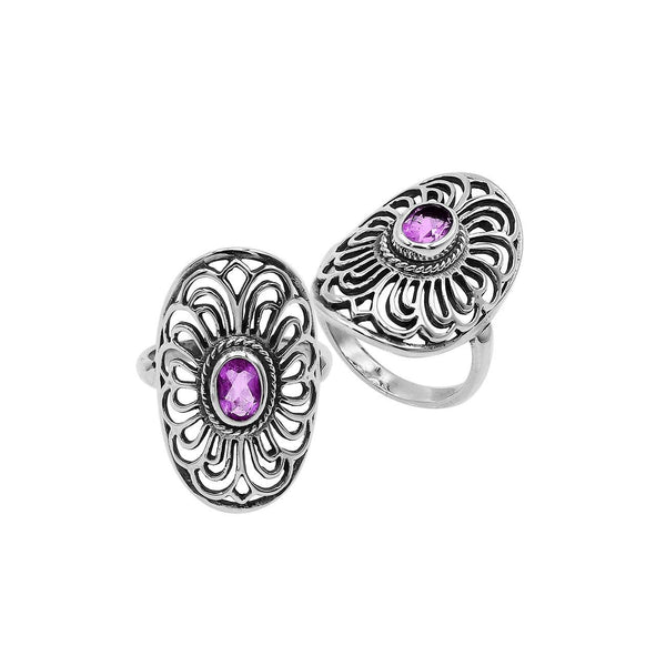 AR-6306-AM-6'' Sterling Silver Oval Shape Ring With Amethyst Jewelry Bali Designs Inc 