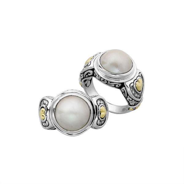 ARG-8045-DY-6" Sterling Silver Ring With Pearl 18K Gold And Diamond Jewelry Bali Designs Inc 