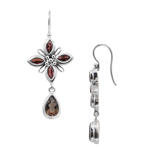 SE-2313-CO1 Sterling Silver Earring With Smokey Quartz, Garnet Jewelry Bali Designs Inc 