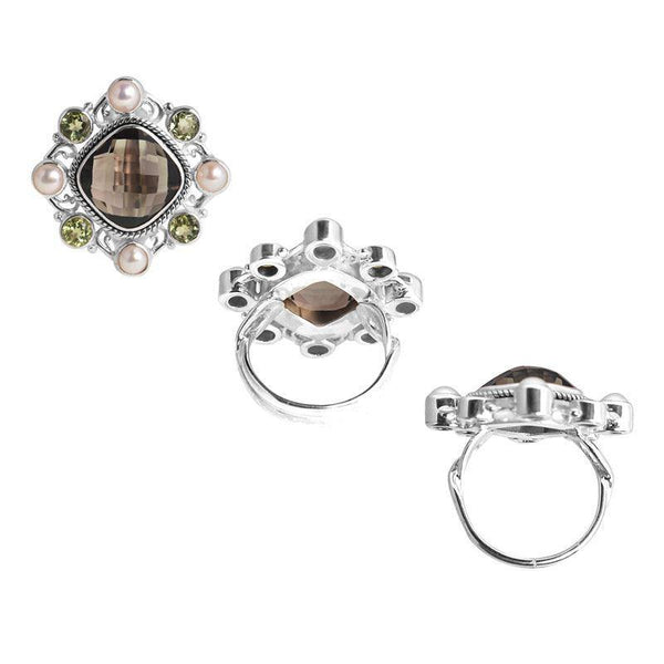 SR-7968-CO1-5" Sterling Silver Ring With Smokey Quartz, Pearl, Peridot Jewelry Bali Designs Inc 